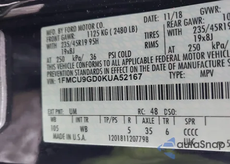 2019 Ford Escape Se из США, поврежденный, VIN 1FMCU9GD0KUA52167